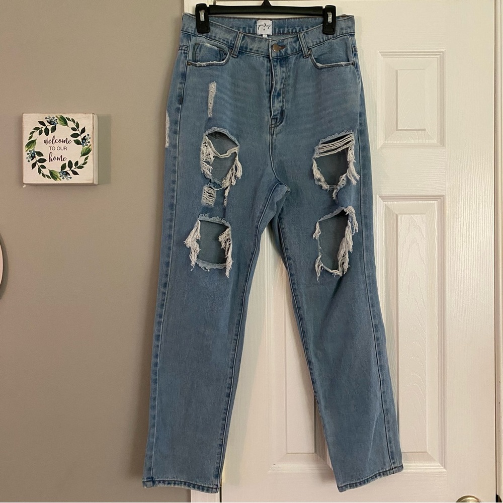Princess Polly High Rise Straight Leg Distressed Blue Denim Jeans Light Wash 10